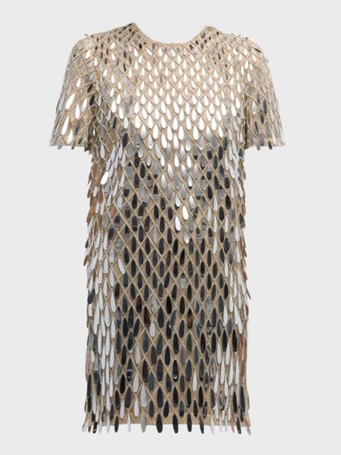 Valentino Sequined Crystal Short-Sleeve Mini Shift Dress