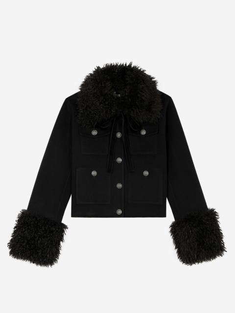 The Kooples SHORT BLACK WOOL JACKET WITH SHERPA COLLAR
