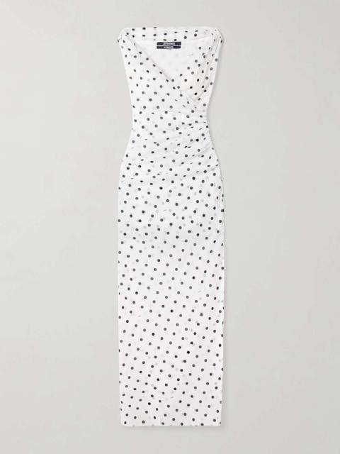 JACQUEMUS Rita draped gathered polka-dot crepe de chine maxi dress White