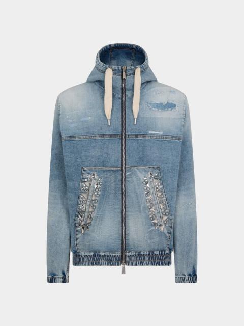 LIGHT SUPER SOFT WASH DENIM DIAMONDS  HOODIE JACKET