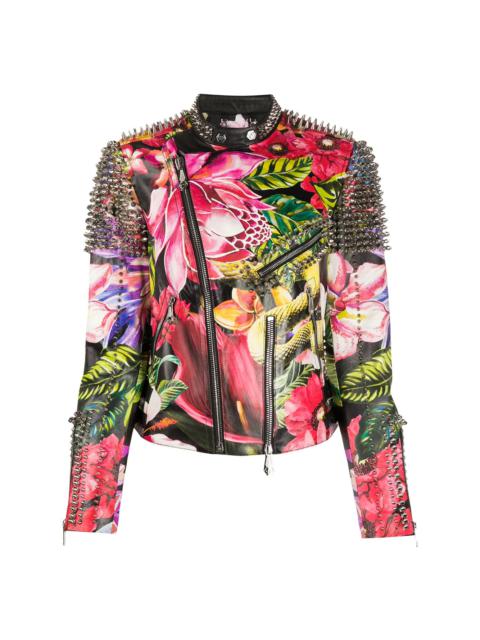 spike-stud floral biker jacket