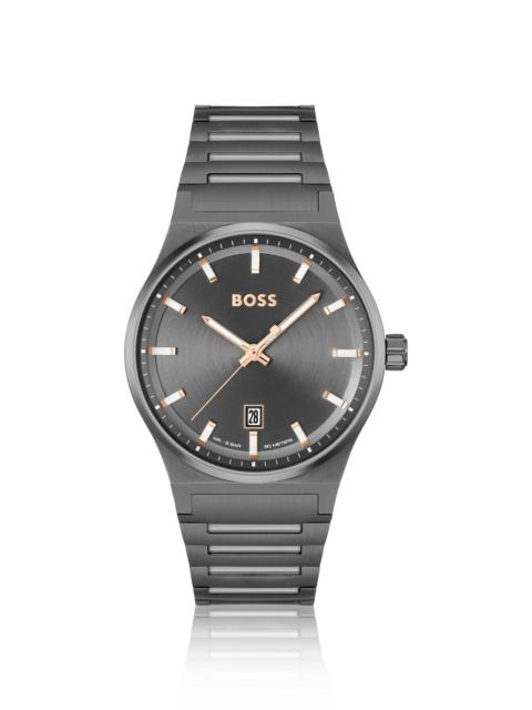 BOSS GREY-PLATED LINK-BRACELET WATCH WITH GREY DIAL