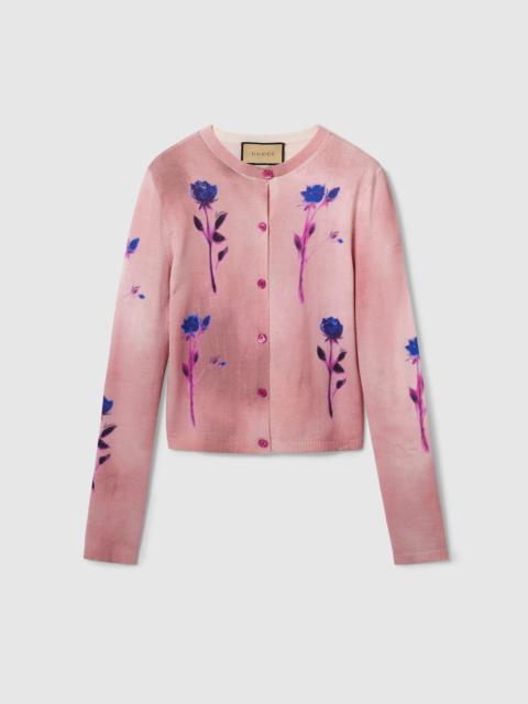 Floral print fine wool silk cardigan