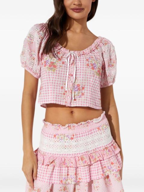 LoveShackFancy checked-pattern flower-embellishment blouse