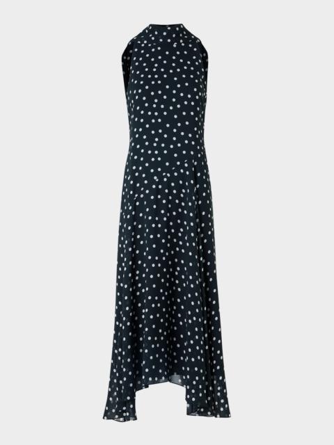 AKRIS Mock-Neck Polka-Dot Viscose Georgette Handkerchief Midi Dress