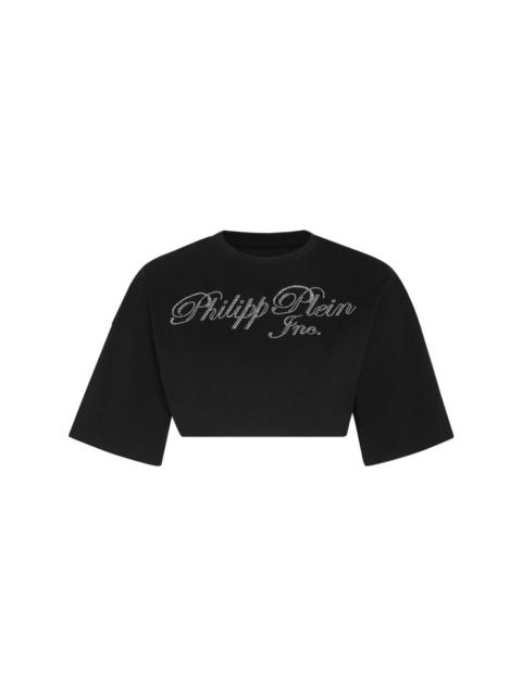 PHILIPP PLEIN crystal-embellished logo-print cropped T-shirt