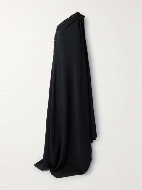 Asymmetric one-shoulder frayed draped crepe gown