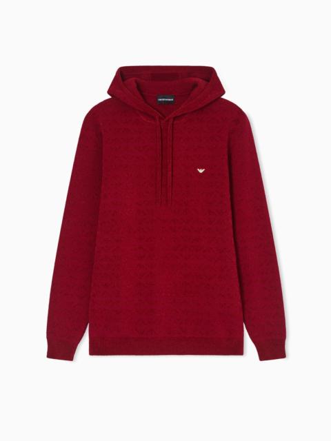 EMPORIO ARMANI VIRGIN-WOOL BLEND HOODED JUMPER WITH ALL-OVER EAGLE