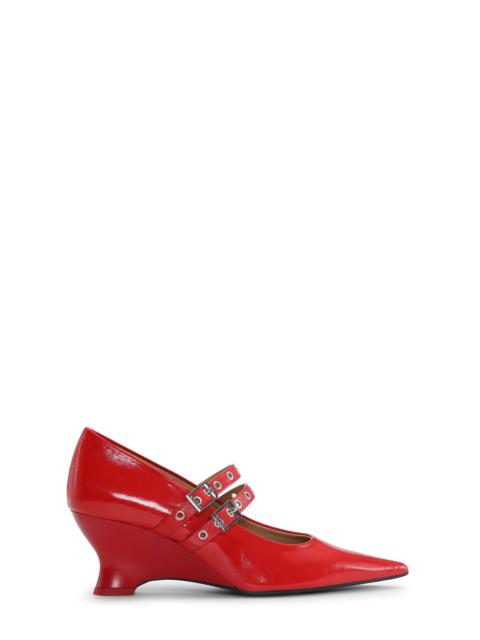 GANNI RED EYELETS LOW WEDGE PUMPS