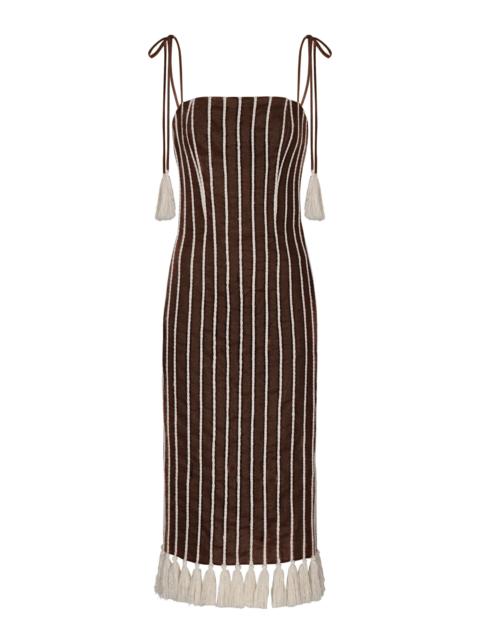 ANDRES OTALORA Postales Embroidered Linen Midi Dress brown
