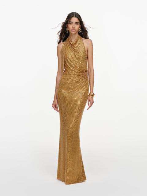 self-portrait Gold Rhinestone Halter Maxi Dress