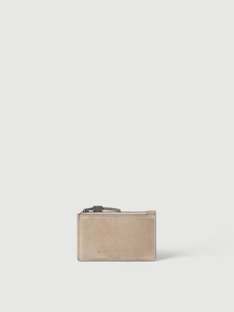 Brunello Cucinelli Suede card case with shiny zipper pull