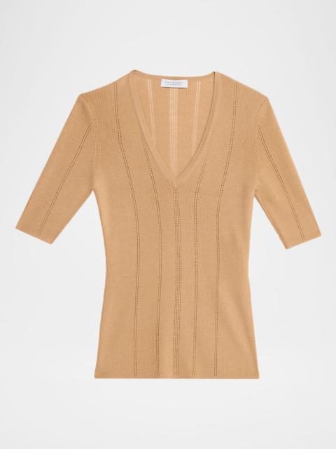 GABRIELA HEARST Amari V-Neck Pointelle Rib Short-Sleeve Top