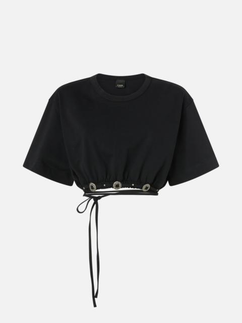 PINKO CROPPED T-SHIRT WITH LACE AND TEXAN DETAILS