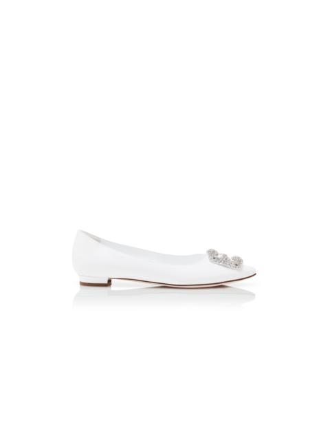 Manolo Blahnik White Calf Leather Jewel Buckle Flat Shoes