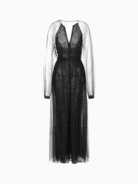 GIORGIO ARMANI Silk and tulle long dress with all-over rhinestones