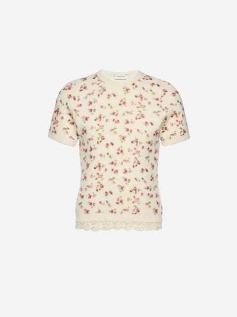 Floral short-sleeve top with lace trim in cream