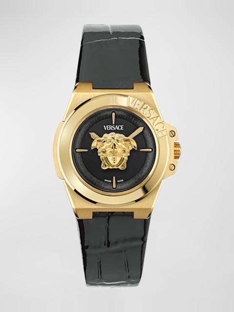 37mm Versace Hera Watch with Calf Leather Strap, Yellow Gold/Black