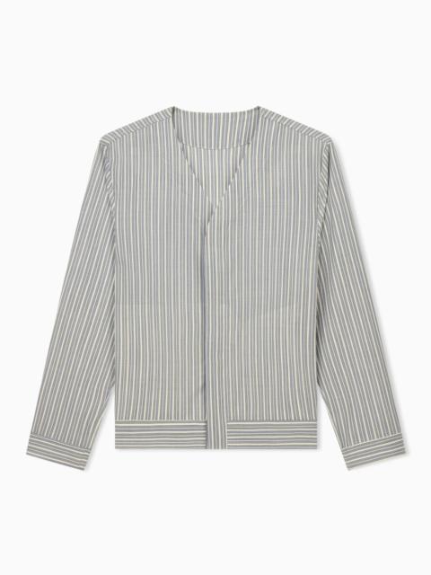 EMPORIO ARMANI BLOUSON SHIRT IN STRIPED STRETCH VIRGIN WOOL WITH V-NECK