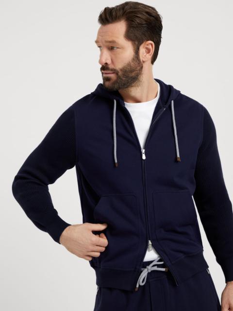 Cotton French terry hooded sweatshirt with zipper and cotton rib knit sleeves