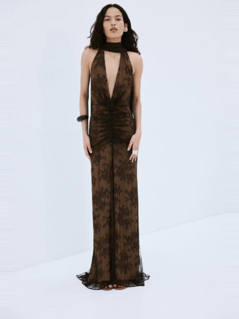 De La Vali AMORA MAXI DRESS IN BROWN LACE TULLE