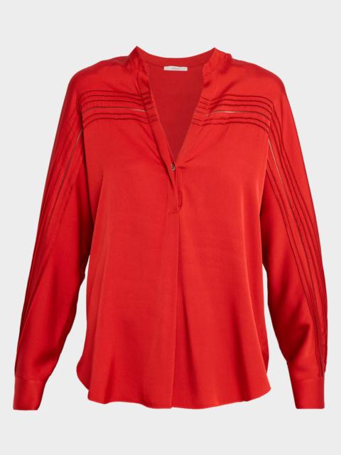 Vince Pintuck Long-Sleeve Satin Blouse