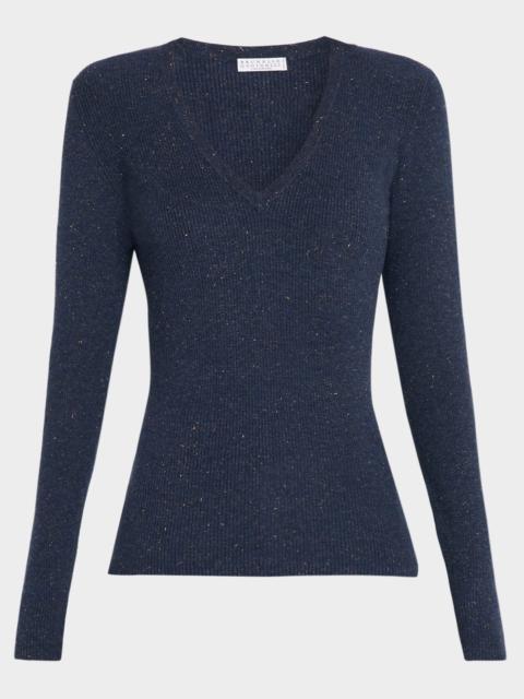 Brunello Cucinelli Metallic Cashmere Stretch Rib V-Neck Sweater
