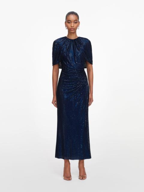 self-portrait Navy Rhinestone Cape Sleeve Midi Dress