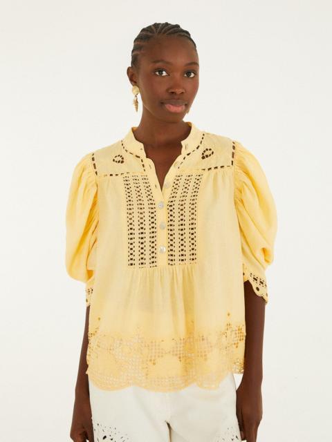 FARM RIO Yellow Romantic Richelieu Short Sleeve Blouse