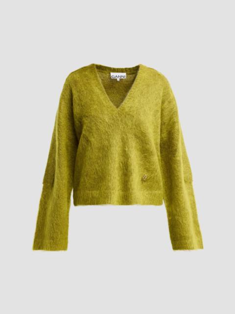 GANNI Women's Brushed Mohair V-Neck Sweater - Military Olive