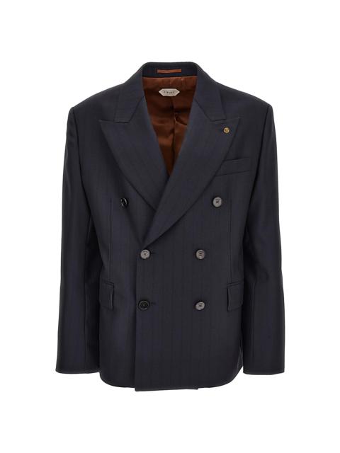 VERSACE Men's Pinstriped Double-Breasted Virgin Wool Jacket - Dark Navy Black