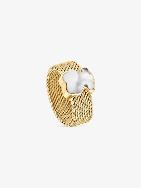 TOUS Gold-colored IP Steel Mesh Color Ring with Howlite Bear motif