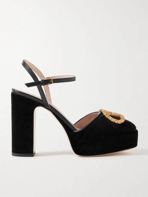 Valentino Vlogo 105 Embellished Leather-trimmed Velvet Platform Pumps