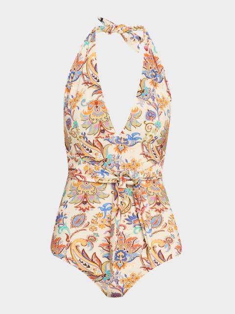 Etro Floral Paisley Belted Halter One-Piece Swimsuit