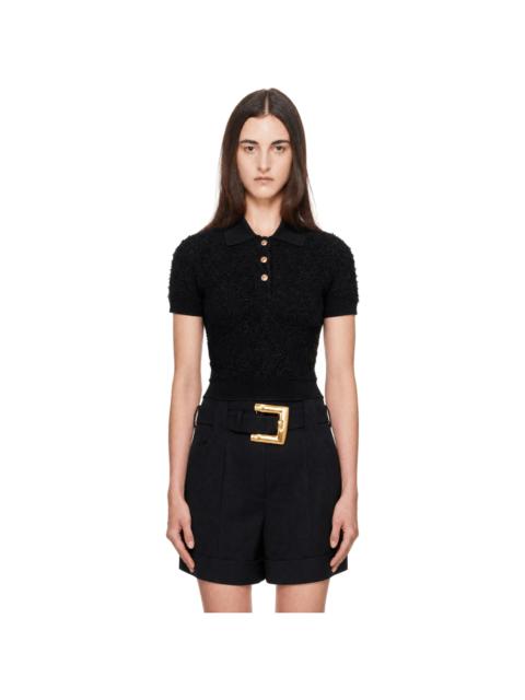 Balmain Black Short Sleeves Buttoned Tweed Knit Polo