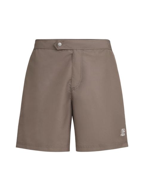 Brunello Cucinelli Men's Nylon Swim Shorts with Tabbed Waistband and Piping - Hazelnut