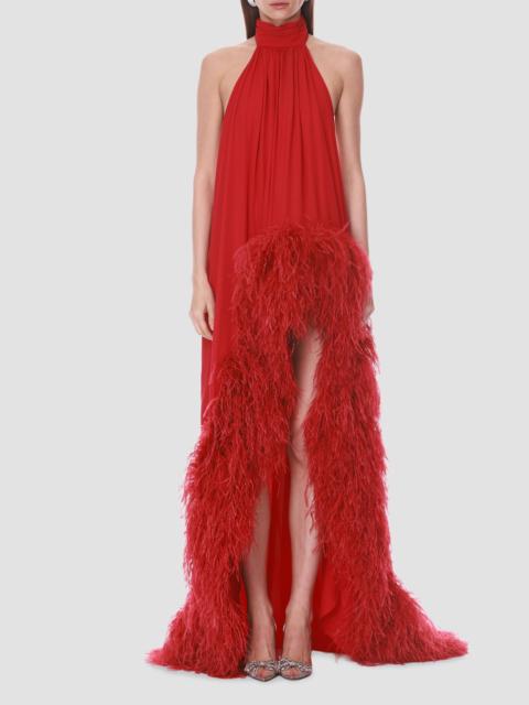 BRONX BANCO Women's Halter Neck Feather-Hem Chiffon Gown - Flame