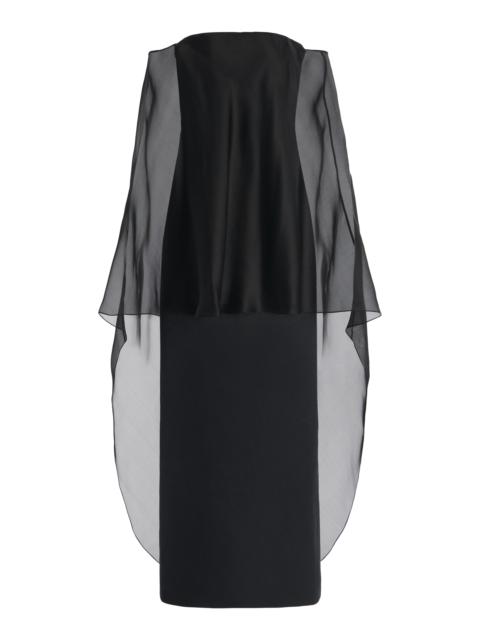 Marisha Dress in Black Textured Linen with Silk Organza Sheer Cape