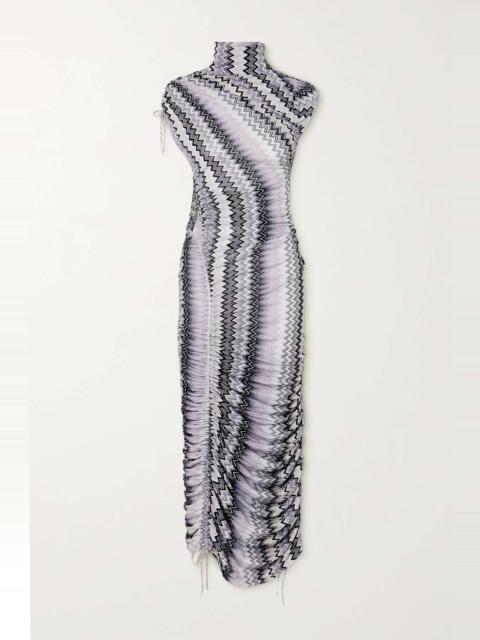 Missoni Crystal-embellished ruched metallic crochet-knit maxi dress