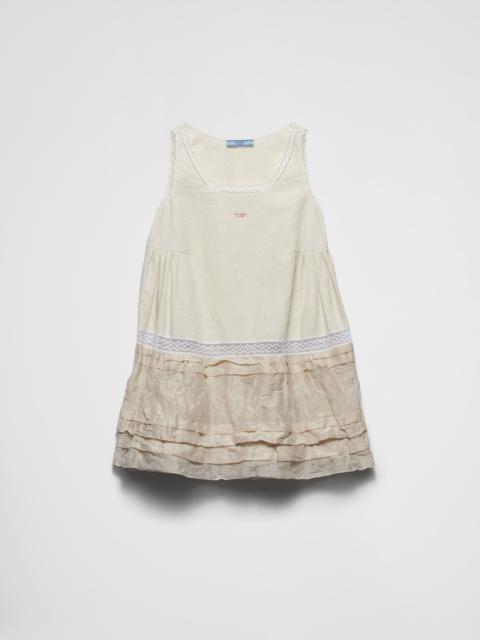 Embroidered linen and antique silk mini-dress