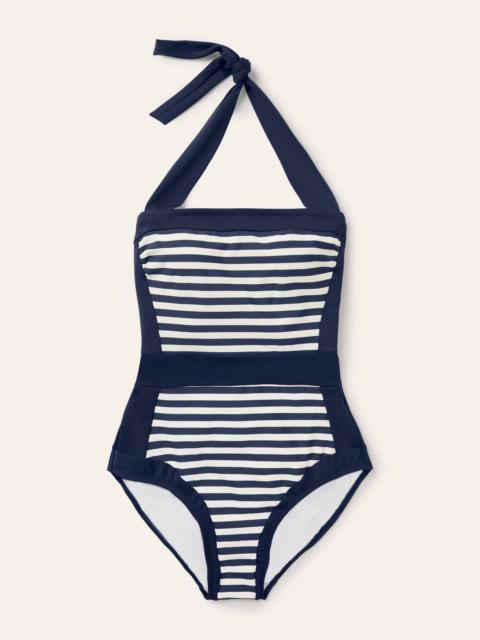 BODEN Santorini Halterneck Swimsuit-French Navy, Ivory Stripe