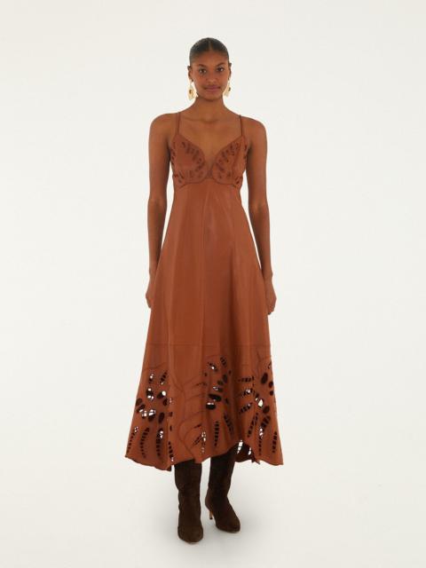 FARM RIO Brown Monstera Cutwork Leather Midi Dress