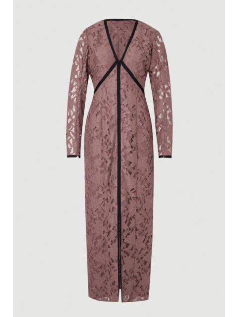 KAREN MILLEN Plus Size Lace with black taping long sleeve woven maxi dress