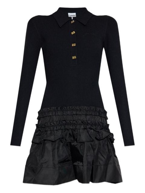 GANNI ribbed ruffled-skirt mini dress