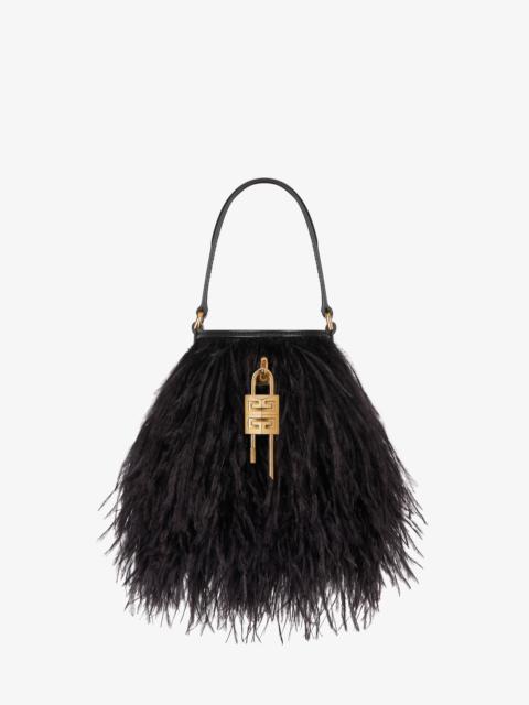 MICRO SHARK LOCK BUCKET BAG IN SATIN WITH FEATHERS