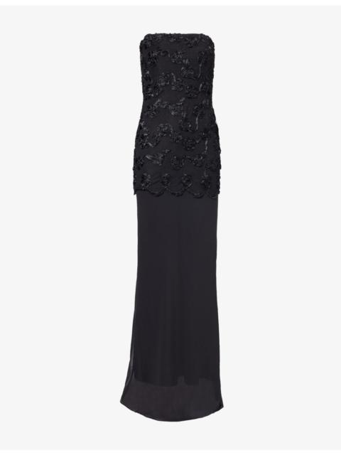 ROTATE Flower-Embroidered Strapless Mesh Maxi Dress