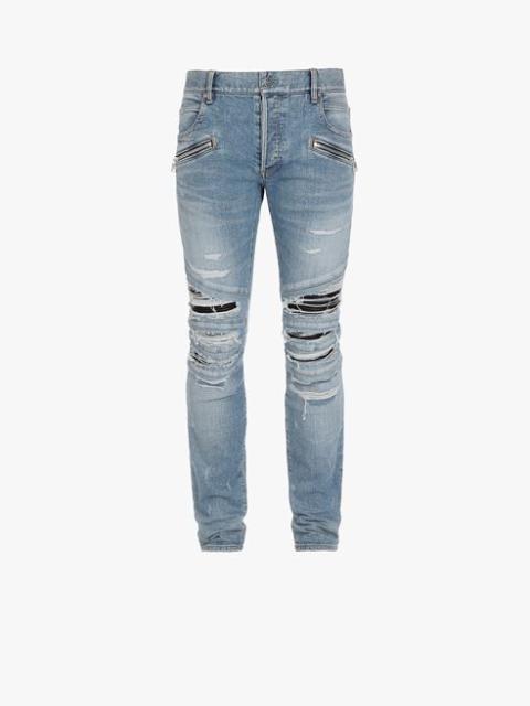 Balmain Slim-cut ripped blue cotton jeans with synthetic leather panels