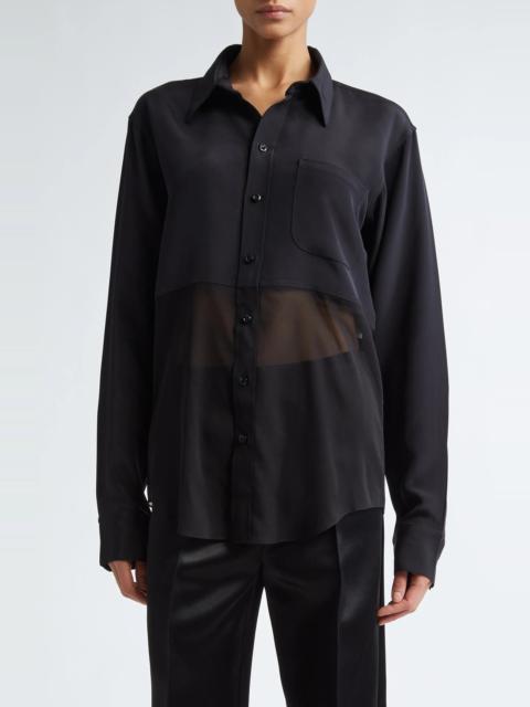 Mixed Media Button-Up Shirt in Black/Black