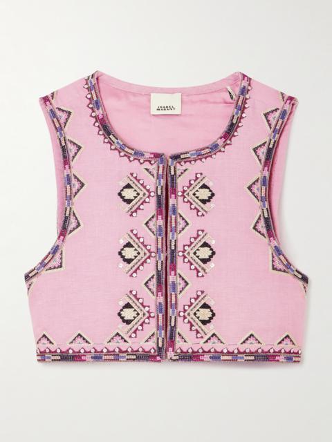 Isabel Marant Zaori Cropped Embellished Embroidered Silk-gauze Vest
