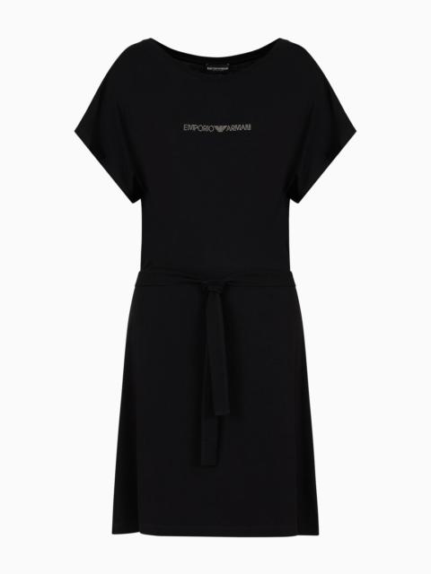 EMPORIO ARMANI Stretch-viscose beachwear dress with micro-studded logo and sash